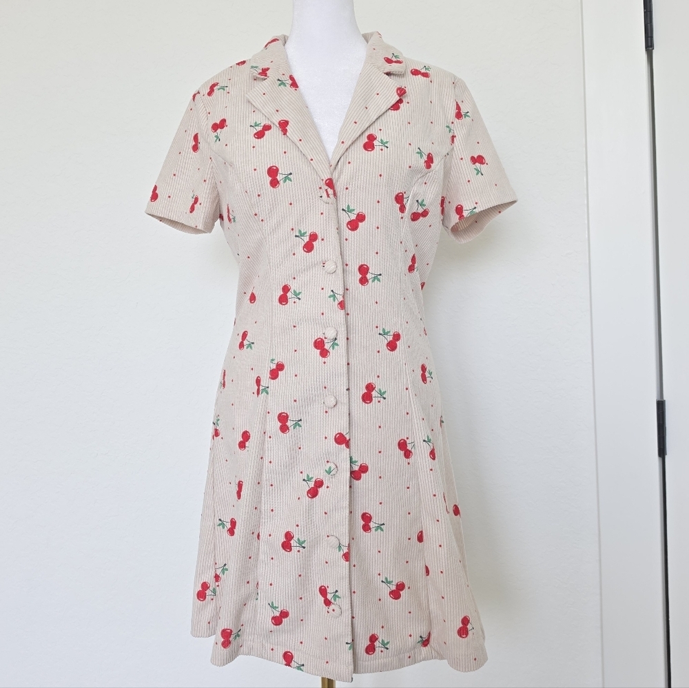 Cherry Mini Dress Size M Cottagecore Coquette Button Front Collared A-Line - Picture 5 of 9